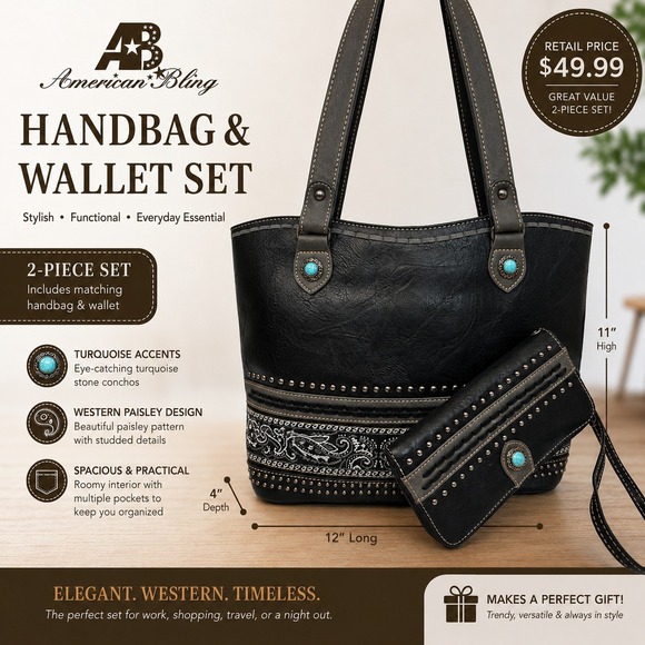 American Bling Handbags - American Bling Black Western Paisley Handbag and Wallet 2-Piece Set AB-G7706WBK